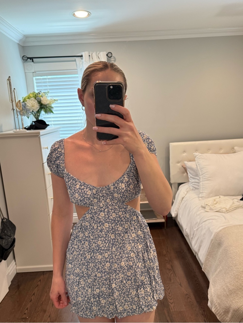 Women's Blue Floral Cutout Mini Dress